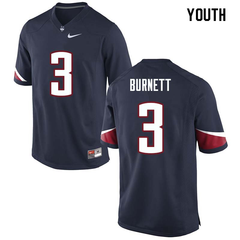 Youth #3 Garrison Burnett Uconn Huskies College Football Jerseys Sale-Navy